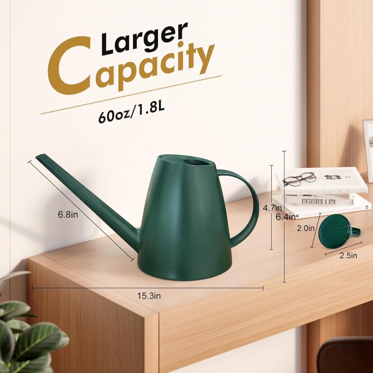 Watering Can for Indoor Outdoor Plants, Modern Small Watering Cans with Removable Nozzle, Long Spout Watering Can for Indoor Bonsai Plants Garden Flowers 1/2 Gallon 1.8L 60OZ (Dark Green) - Image 4