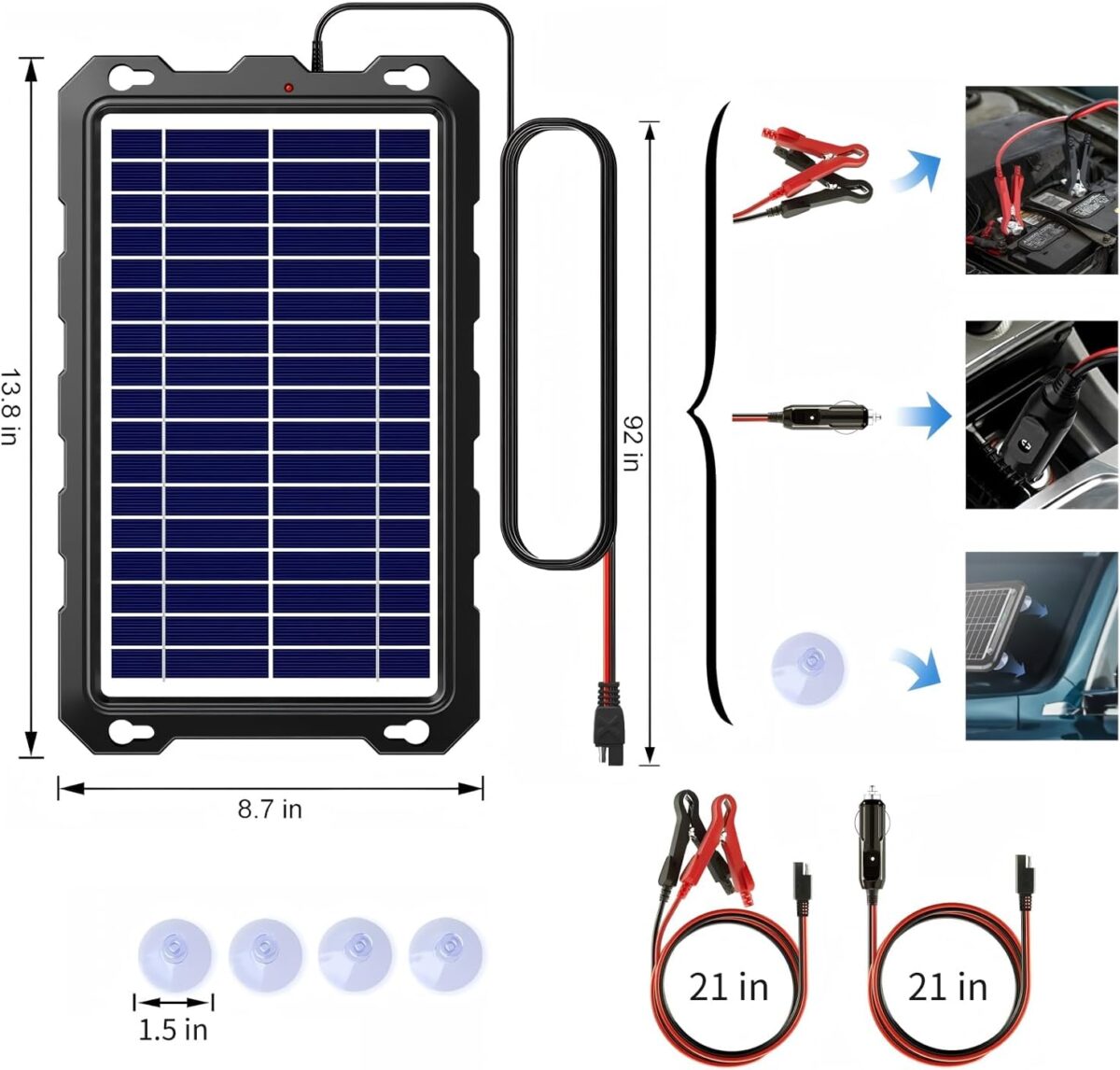 POWOXI Upgraded 7.5W-Solar-Battery-Trickle-Charger-Maintainer-12V Portable Waterproof Solar Panel Trickle Charging Kit for Car, Automotive, Motorcycle, Boat, Marine, RV,Trailer, Snowmobile, etc. - Image 8