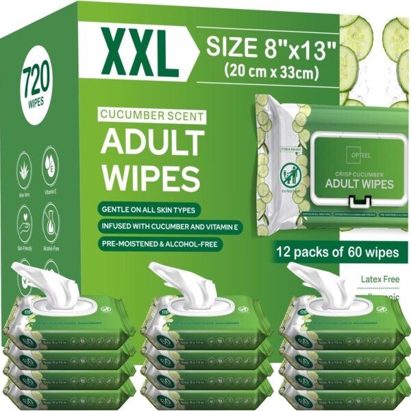 Adult Wipes Extra Large Scented - Skin-Friendly Incontinence Wet Wipes for Adults & Elderly No-Rinse Disposable Washcloths - 8x13" 12 Packs of 60 (720 Wipes)