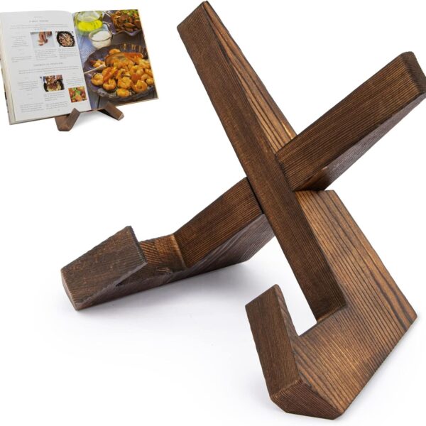 PUERSI Cookbook Stand for Kitchen, Recipe Book Holder for Kitchen Counter, Wooden Cookbook Holder, Rustic Cook Book Holder Stand - Rustic Brown