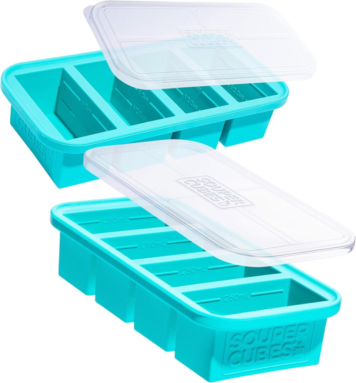 Souper Cubes 1 Cup Silicone Freezer Molds - Soup Cubes Perfect for Freezing Broth, Rice, Leftovers and More - Silicone Freezer Trays with Lids for Meal Prep - Aqua - 2-Pack - Image 1