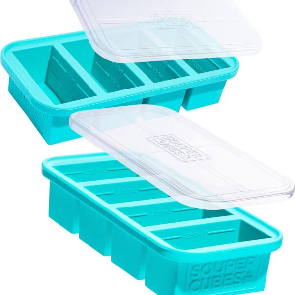 Souper Cubes 1 Cup Silicone Freezer Molds - Soup Cubes Perfect for Freezing Broth, Rice, Leftovers and More - Silicone Freezer Trays with Lids for Meal Prep - Aqua - 2-Pack
