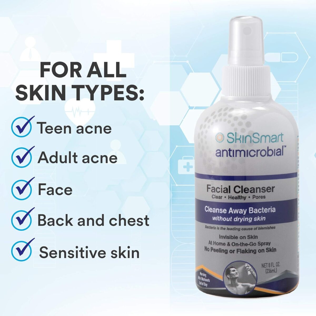 SkinSmart Facial Cleanser for Acne, Targets Bacteria for Active Teenage Athletes Post Workout and Adult Acne, 8 oz Spray Bottle, Safe for Multiple Daily Uses - Image 3