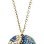 Sterling Silver Hamsa Pendant Necklace, Yellow Gold Plated, Blue and White Zirconia Crystals