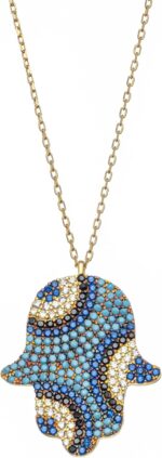 Sterling Silver Hamsa Pendant Necklace, Yellow Gold Plated, Blue and White Zirconia Crystals