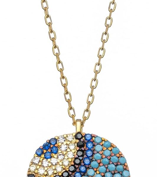 Sterling Silver Hamsa Pendant Necklace, Yellow Gold Plated, Blue and White Zirconia Crystals