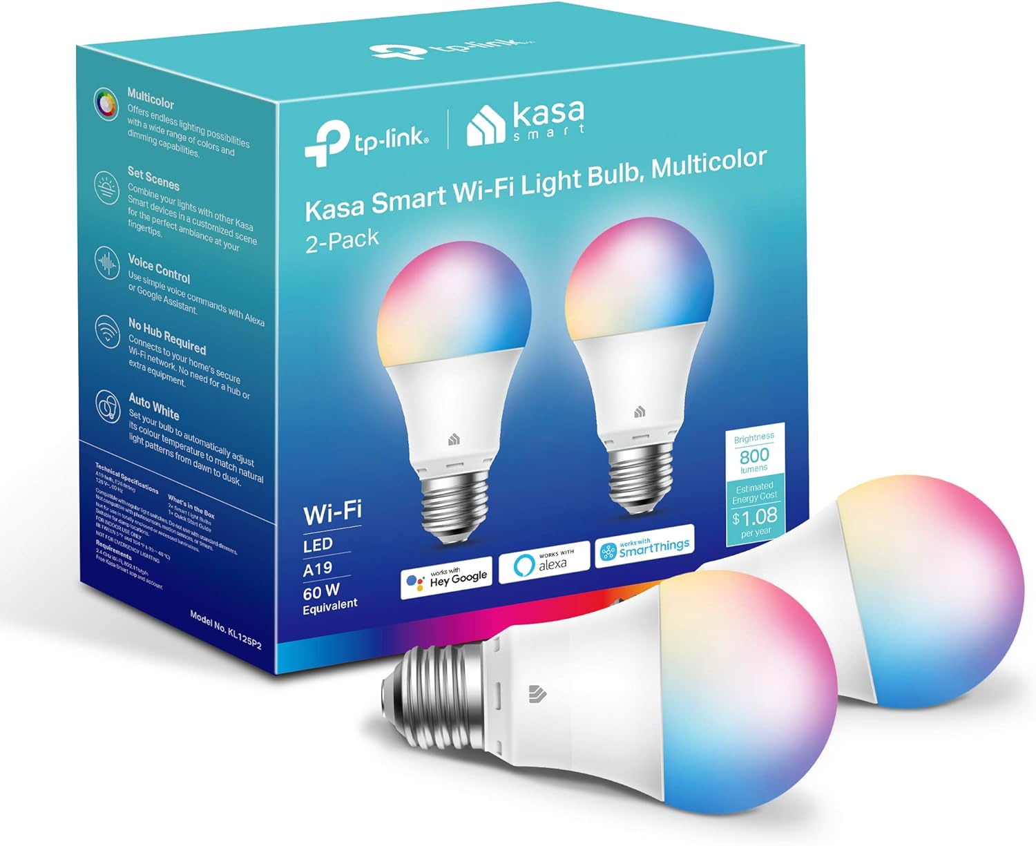 718of5mhfbL._AC_SL1500_.jpg Kasa Smart Light Bulbs, Full Color Changing Dimmable Smart WiFi Bulbs Compatible with Alexa and Google Home, A19, 60 W 800 Lumens,2.4Ghz only, No Hub Required, 2-Pack (KL125P2), Multicolor - Image 1