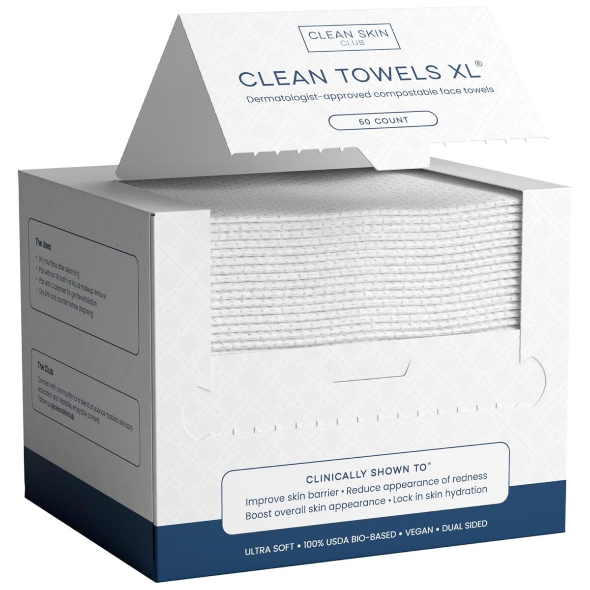 Clean Skin Club Clean Towels XL™, 100% USDA Biobased Face Towel, Disposable Face Towelette, Eczema Association Accepted, Makeup Remover Dry Wipes, Ultra Soft, 50 Ct, 1 Pack - Image 1