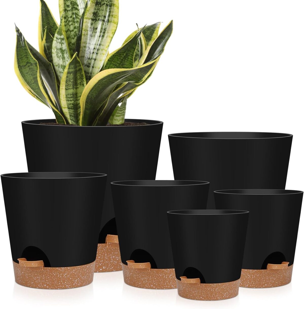 Indoor Self Watering Planters with Drainage Holes and Saucers, 8, 7, 6.5, 6, 5.5, 5 Inches, Black, 6 Pots - Image 1