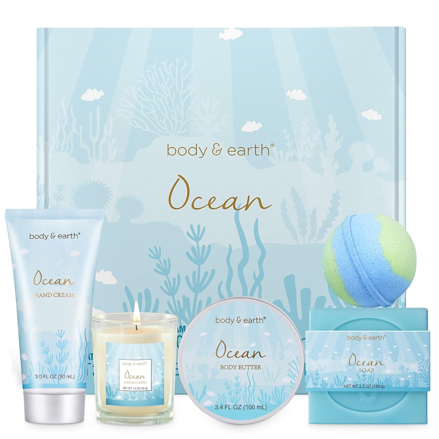 719b4BsG6vL._SL1500_.jpg Gifts for Women, Bath and Body Womens Gift Sets with 5 Pcs Ocean Scented Spa Gifts for Women Bath Gift with Scented Candle Body Butter Hand Cream Bath Bomb Mothers Day Gifts - Image 1