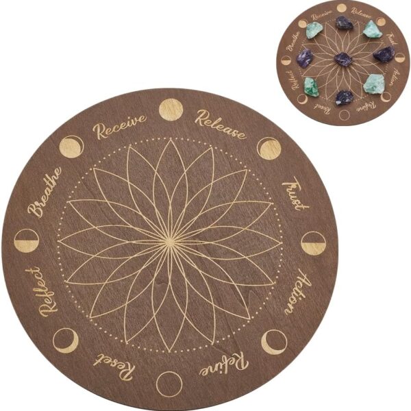 INFUNLY Moonphase Crystal Grid Wood Board 9.84×9.84inch Flower of Life Sacred Geometry Wooden Board Mandala Crystal Tray Lotus Grey Crystal Holder Tray Round Solid Coaster for Jewelry Rock Home Decor