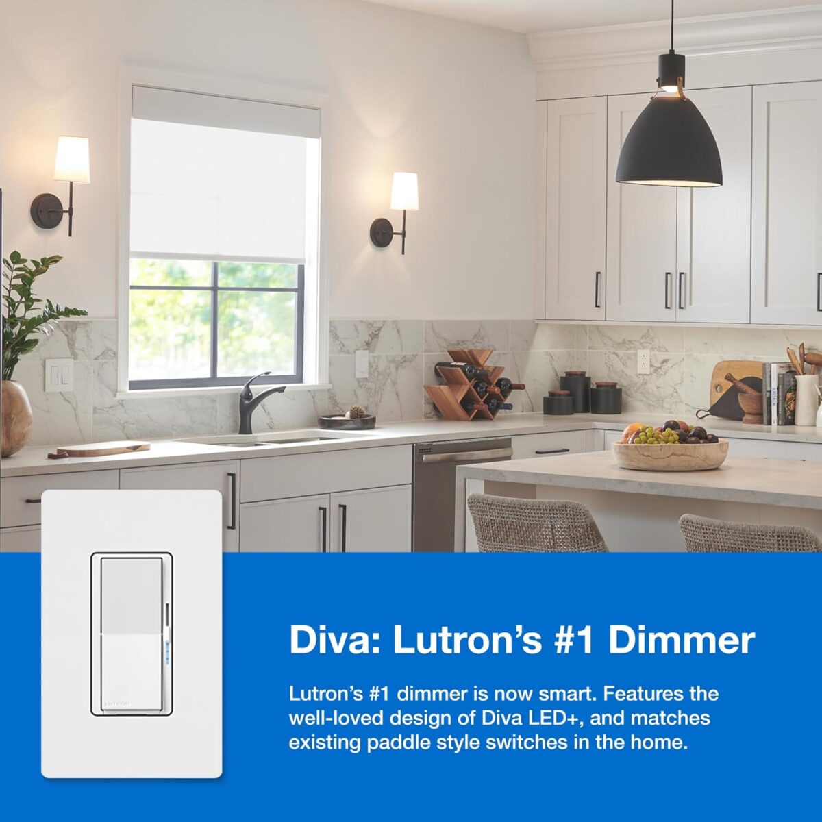 Lutron Diva Smart Dimmer Switch Kit for Caseta Smart Lighting, w/ Smart Hub, Pico Remote, & Pedestal, Works with Alexa, Apple Home, and Google Home, 3 Way, 150W, No Neutral Req, DVRF-BDG-1D-A - Image 2