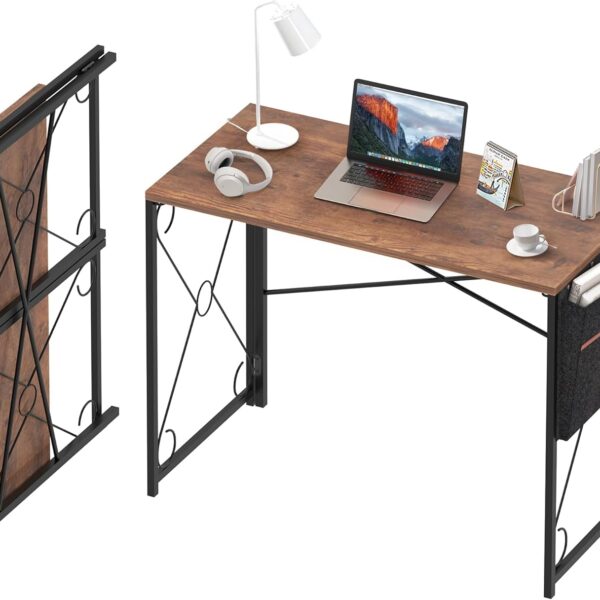 VECELO 39 Inch Folding Desk Simple Assembly Desk, Writing Computer Desk for Home Office Study Office Desk Foldable Table for Small Spaces, Brown