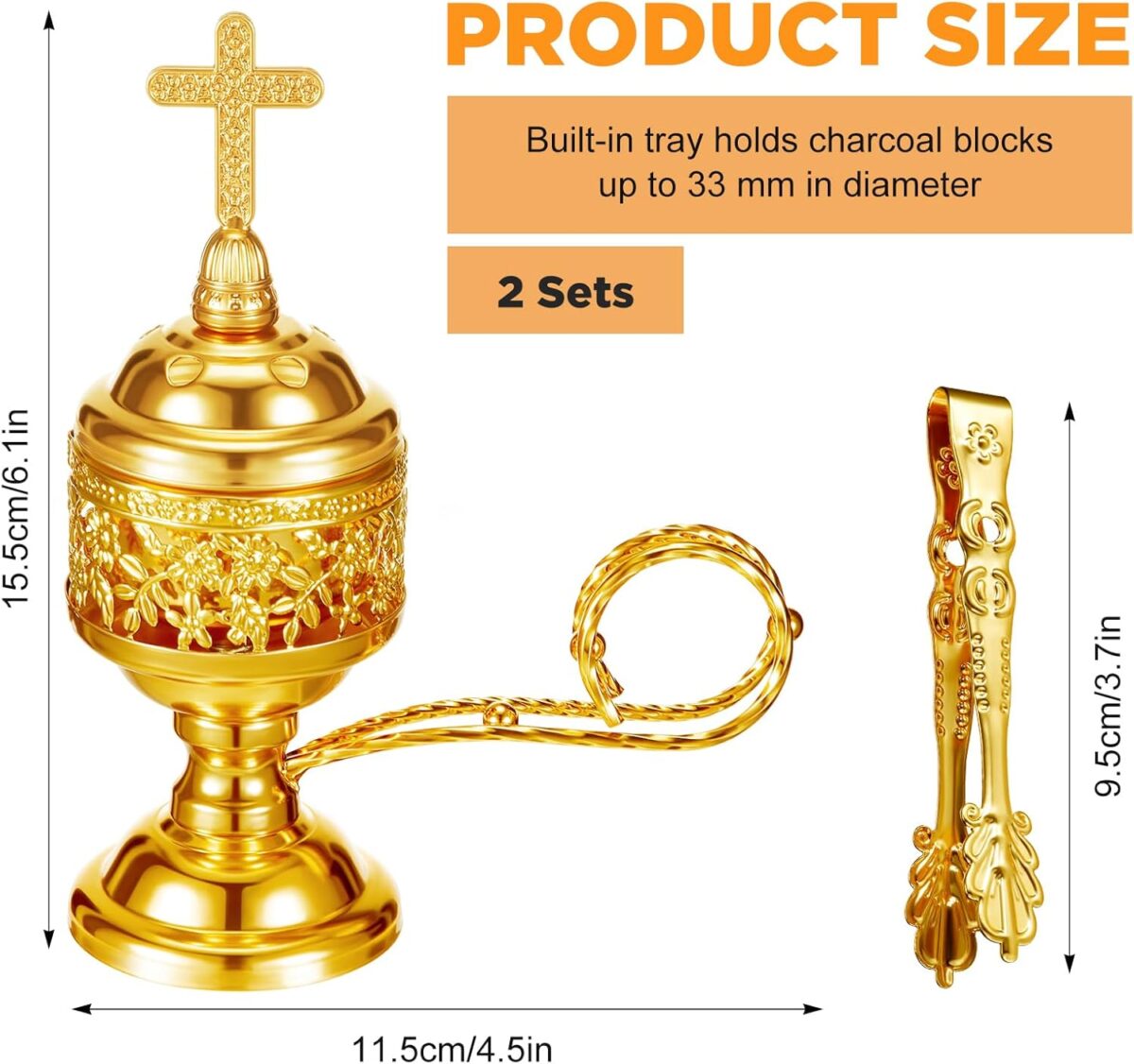 Zonon 2 Sets Incense Burner with Tong, Gold Frankincense Charcoal Incense Stand Holder, Ideal for Yoga, Spa, Aromatherapy, Home and Christian Church Censer - Image 2