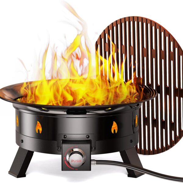 Ciays Large Propane Fire Pit 19 Inch, Gas Fire Pit with Grill Grate, Folding Legs, Hose Hooks, Propane Tank Holder, Cover & Carry Strap, CSA Certified Portable Outdoor Fire Pit for Camping, 58,000 BTU