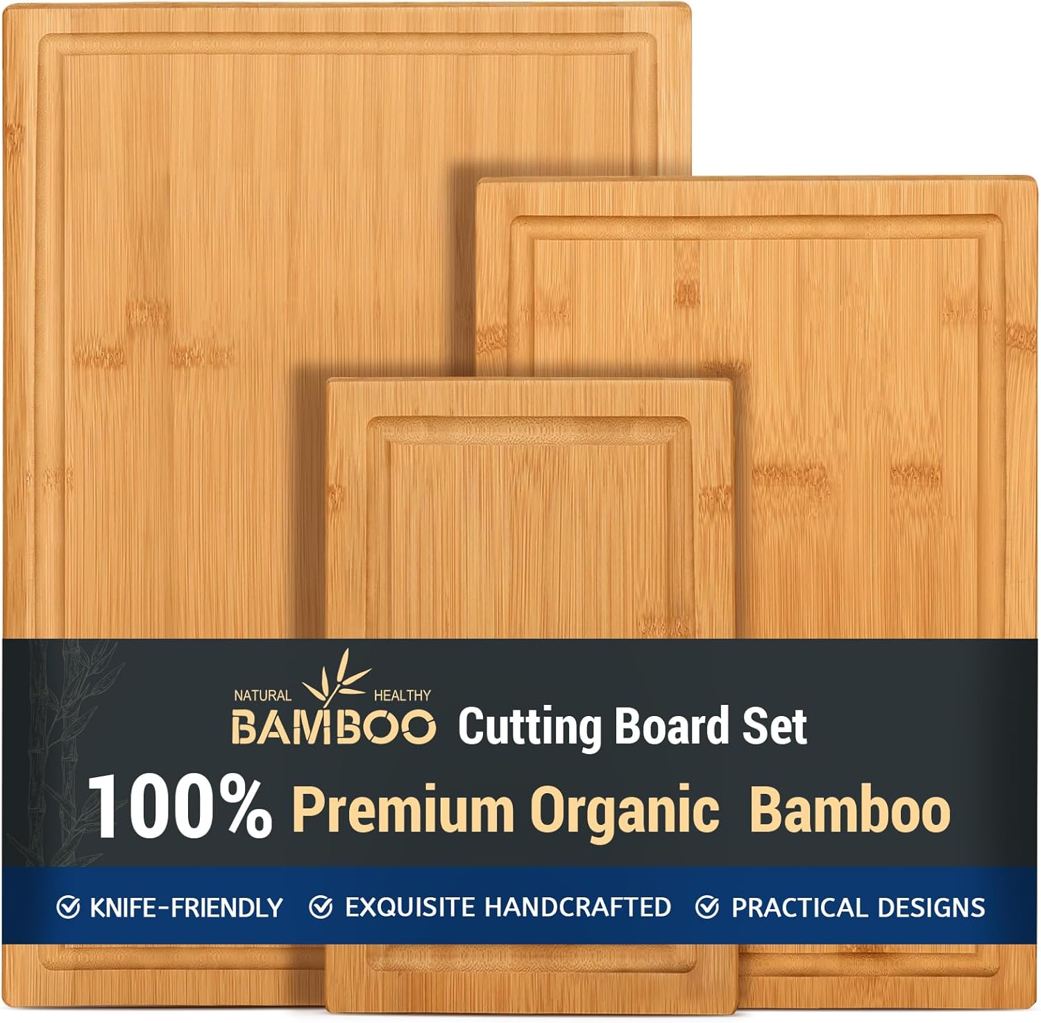 71BaQygtNKL._AC_SL1500_.jpg Hiware Wood Cutting Boards for Kitchen, Heavy Duty Bamboo Cutting Board with Juice Groove, Bamboo Chopping Board Set for Meat, Vegetables - Set of 3 - Image 1