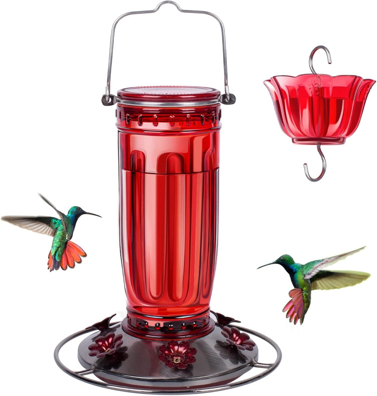 Kingsyard Glass Hummingbird Feeder for Outdoors Wild Bird Feeder with 6 Feeding Ports Hanging for Garden Yard, Red (Ant Moat Included) - Image 1