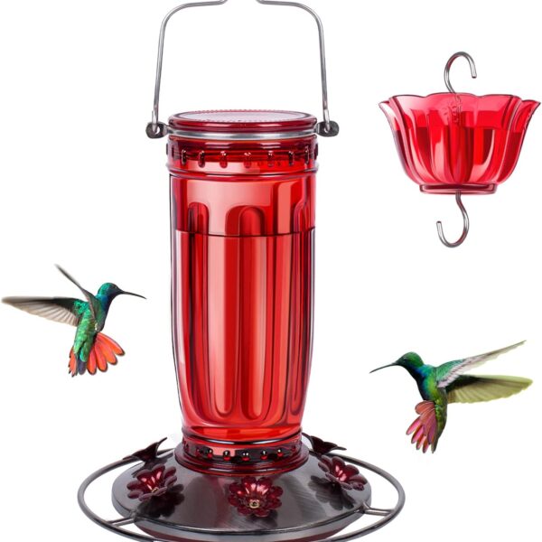 Kingsyard Glass Hummingbird Feeder for Outdoors Wild Bird Feeder with 6 Feeding Ports Hanging for Garden Yard, Red (Ant Moat Included)