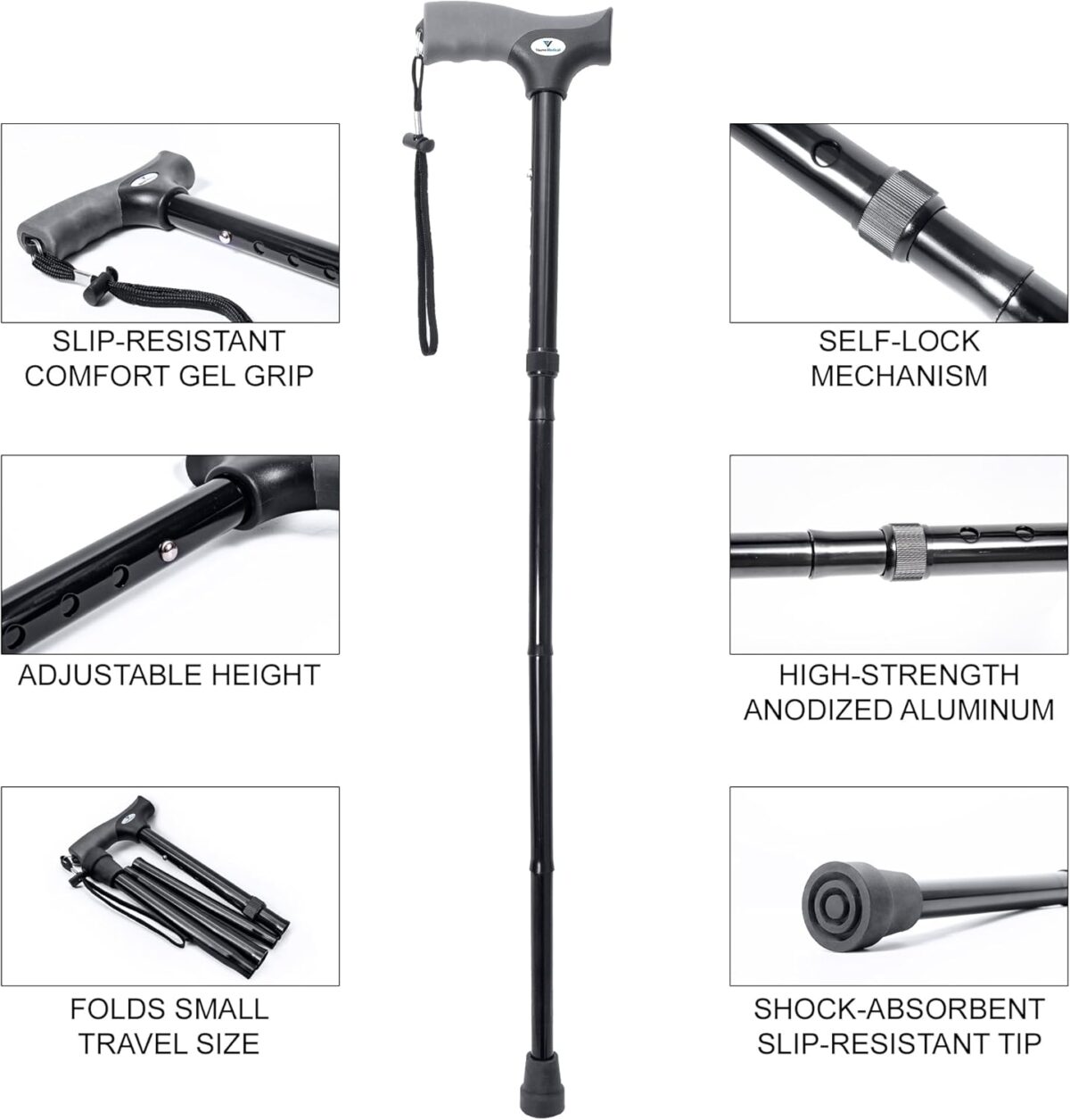FSA/HSA Eligible, Vaunn Medical Easy Grip Height Adjustable Folding Cane/Walking Stick with Strap/Pouch- Compact, Portable, and Safe Walking Assistant- Non-Slip Grip Handle- Men, Women, Elderly - Image 5