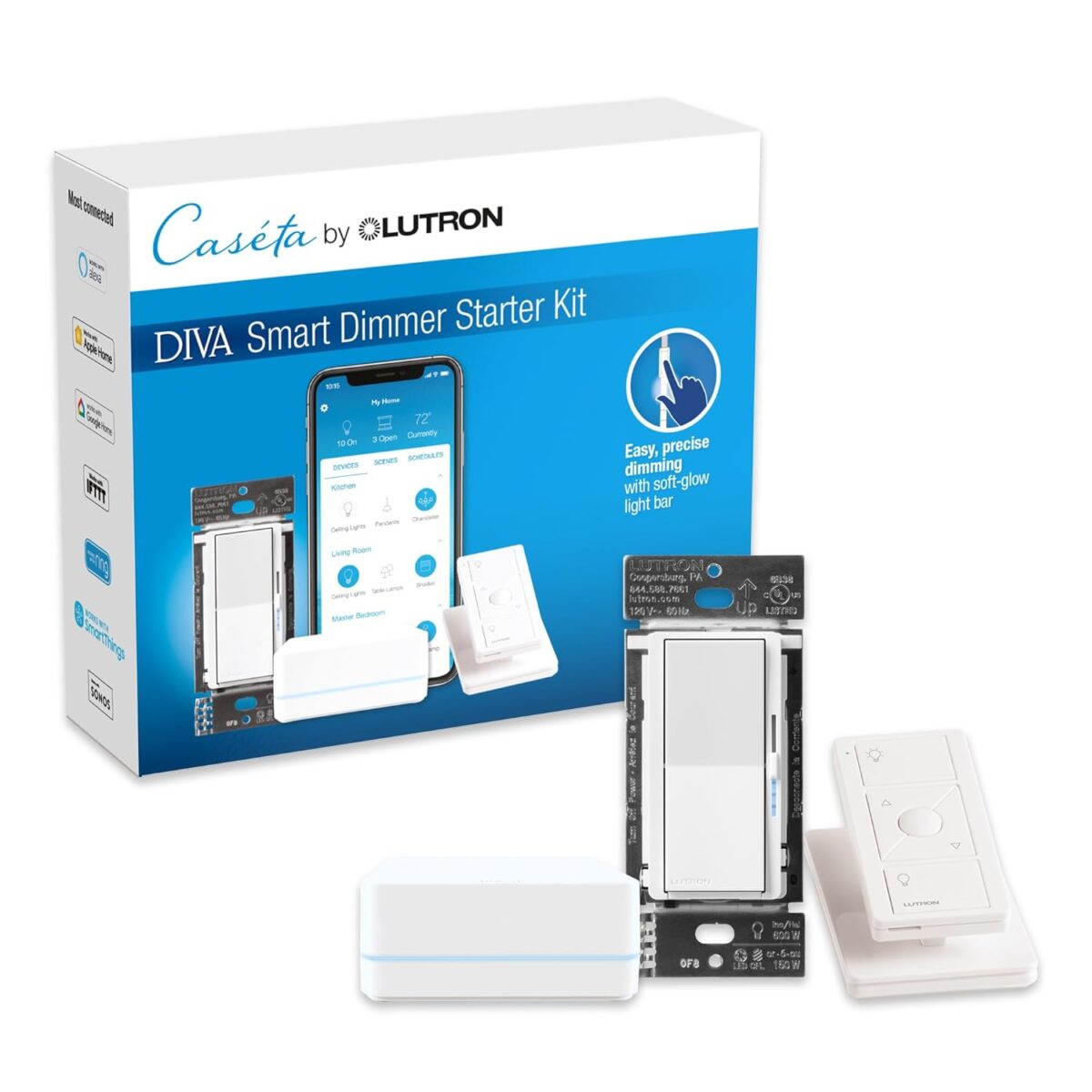 Lutron Diva Smart Dimmer Switch Kit for Caseta Smart Lighting, w/ Smart Hub, Pico Remote, & Pedestal, Works with Alexa, Apple Home, and Google Home, 3 Way, 150W, No Neutral Req, DVRF-BDG-1D-A - Image 1