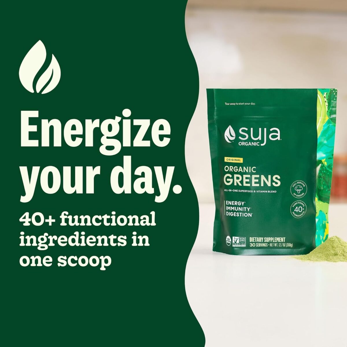 Suja Organic Greens Powder Probiotic Blend, Spirulina, Daily Superfood Drink or Smoothie Mix for Immune Support, Digestion, & Energy, Vegan, Gluten Free, Non GMO, 30 Servings - Image 2