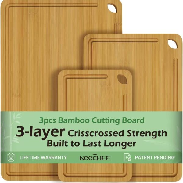 Wood Cutting Board for Kitchen - Reversible Bamboo Cutting Boards Gift Set of 3 with Juice Groove, Wooden Chopping Board for Meat, Fruit, Vegetables & Cheese (Pre Oiled, Natural)