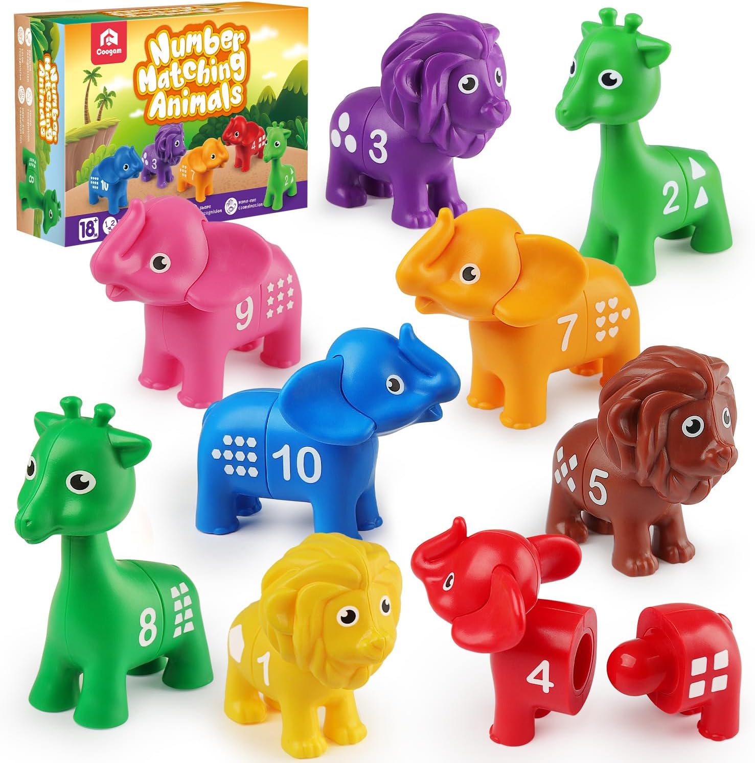 71CRUIAd6gL._AC_SL1500_.jpg Coogam Number Matching Toy Set, 10pcs Double-Sided Animal Number Counting Game, Preschool Montessori Fine Motor Skill Mathematics Educational Toys for 3 4 5 Year - Image 1