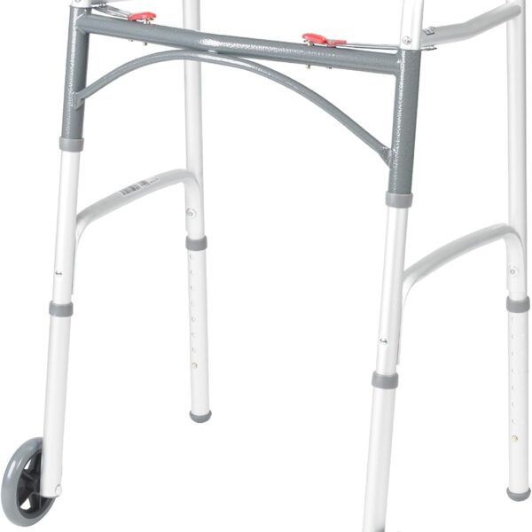 Drive Medical 10210-1 2-Button Folding Walker with Wheels, Rolling Walker, Front Wheel Walker, Lightweight Walkers for Seniors and Adults Weighing Up To 350 Pounds, Adjustable Height, Silver