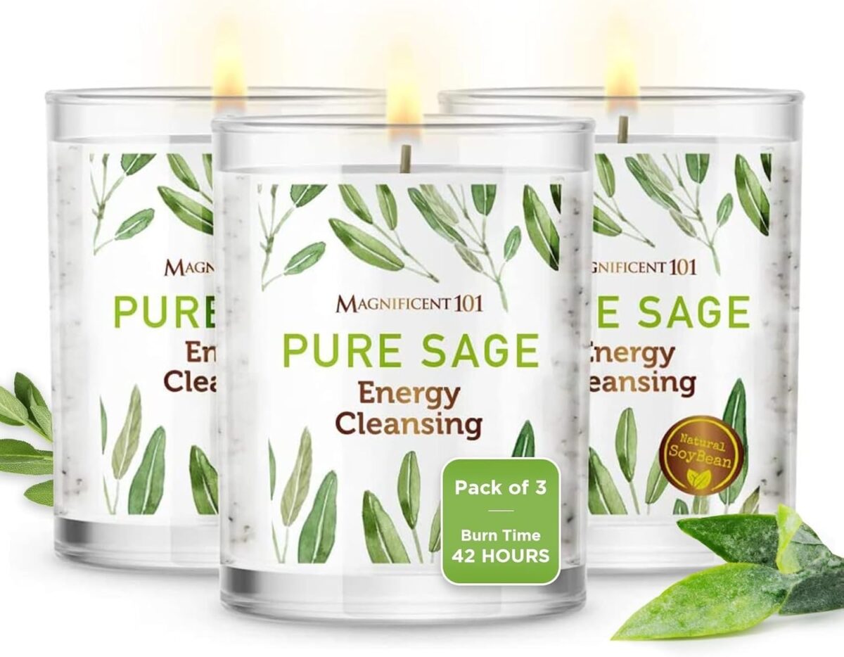 Magnificent 101 Set of 3 Long Lasting Pure Sage Smudge Candles - 42-Hour Burn, 3.5 Oz Each, Soy Wax, Sage Cleansing for House Energy, Meditation & Manifestation - Image 1