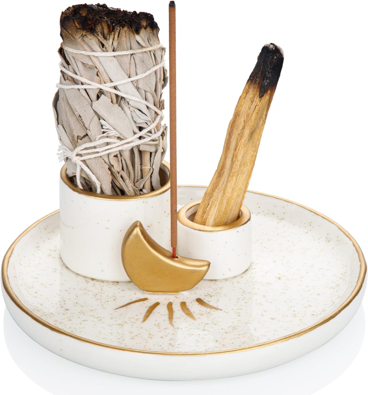 ZenBless Multifunction Incense and Candle Holder for Burning Sage, Palo Santo, Incense Sticks - 5.9" Ceramic Ash Catcher Tray for Meditation Room Home Decor (Gold) - Image 1