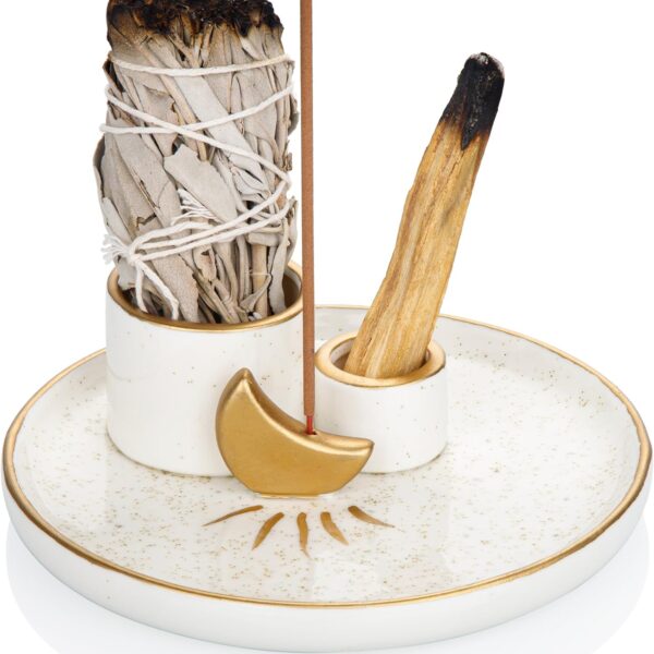ZenBless Multifunction Incense and Candle Holder for Burning Sage, Palo Santo, Incense Sticks - 5.9" Ceramic Ash Catcher Tray for Meditation Room Home Decor (Gold)