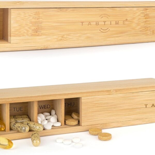 Bamboo Weekly Pill Organizer - 7 Day Wood Tablet Box - Ideal Aesthetic Pill Organizer for Vitamins or Supplements​