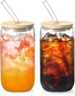 NETANY 2 Pack Glass Cups with Bamboo Lids and Straws 16 oz, Gifts for Women, Drinking glasses set, Iced Coffee Cup, Tea Cup, Cute Aesthetics Tumbler Cup, Mothers Day, Birthday Gifts for Her Mom