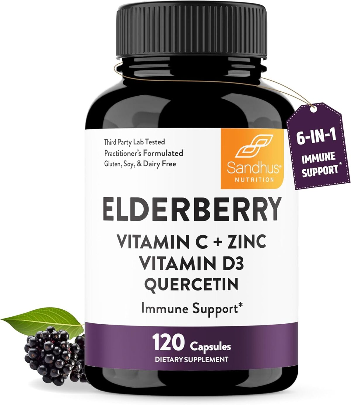 Elderberry Vitamin C and Zinc 120 Capsules | with Quercetin and Vitamin D3 | Immune Support for Adults | Herbal Supplement for Men and Women | 2 Months Supply | Natural Immunity Booster - Image 1
