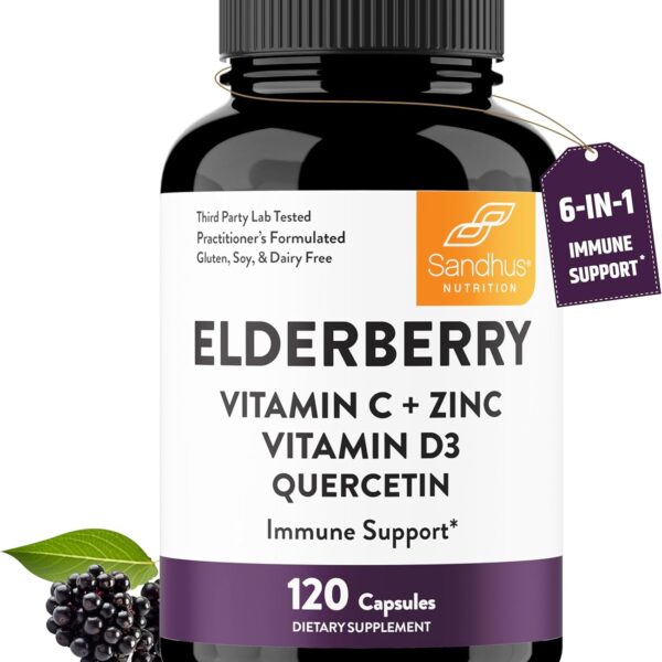 Elderberry Vitamin C and Zinc 120 Capsules | with Quercetin and Vitamin D3 | Immune Support for Adults | Herbal Supplement for Men and Women | 2 Months Supply | Natural Immunity Booster
