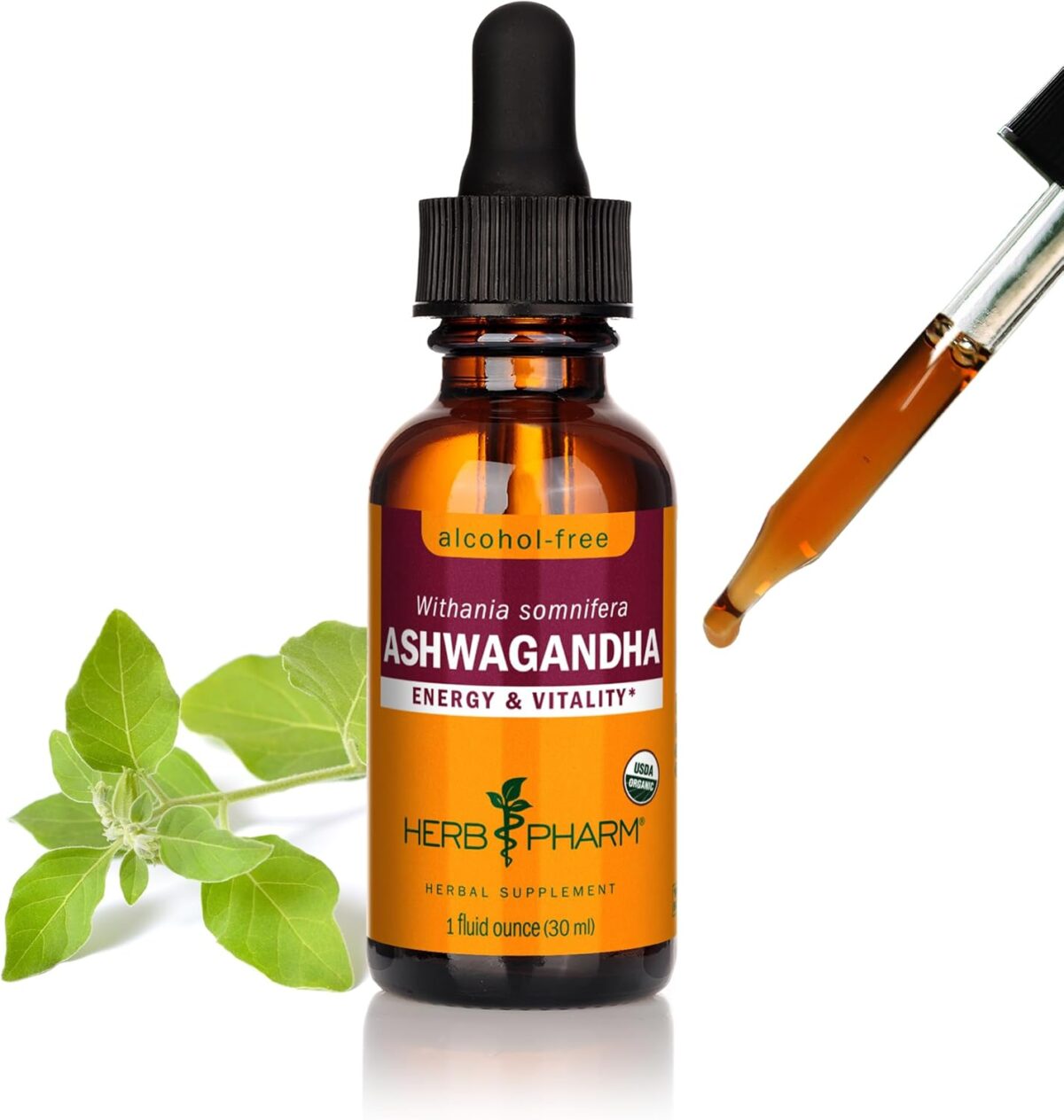 Herb Pharm Organic Ashwagandha Liquid Extract, Alcohol-Free: Mood Support Supplement, Vegan Ashwagandha Root Glycerite, Tasty Non-Bitter Adaptogen Extract for Adults, Non-GMO, 1 Oz - Image 1