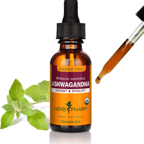 Herb Pharm Organic Ashwagandha Liquid Extract, Alcohol-Free: Mood Support Supplement, Vegan Ashwagandha Root Glycerite, Tasty Non-Bitter Adaptogen Extract for Adults, Non-GMO, 1 Oz
