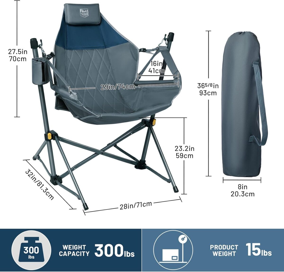 TIMBER RIDGE Hammock Camping Chair with Adjustable Backrest, Heavy Duty Folding Hammock Chair Supports 300lbs, Portable Hammock Chair for Camping, Travelling and Patio, Blue - Image 2