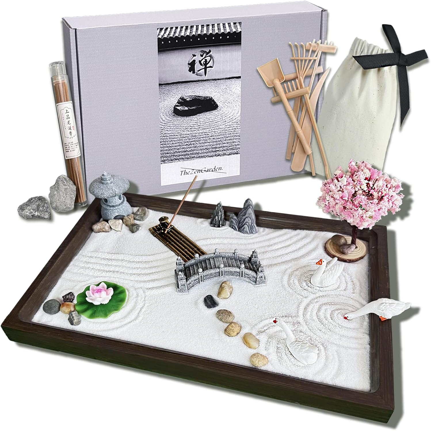 71DncGJgUyL._AC_SL1500_.jpg SRAYW Zen Garden Kit for Desk Decor. 11x7.5'' Beautiful Japanese Mini Zen Garden Meditation Gifts Set for Home,Office Desk&Meditation Room.6 Tools & 18 Accessories. Zen Sand Tray Therapy - Image 1