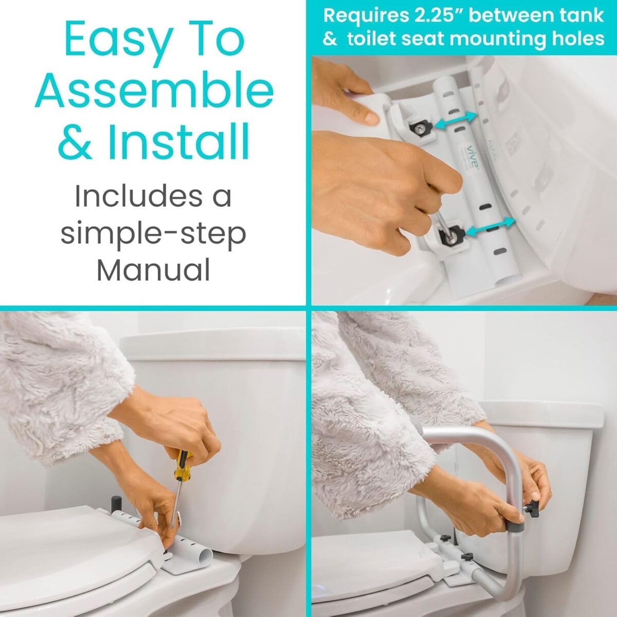 Vive Toilet Rail - Bathroom Safety Frame - Medical Railing Helper for Elderly, Handicap, Disabled, Seniors - Bariatric Assist Handrail Grab Bar - Adjustable Height, Padded Arms Fit Most Toilets - Image 6