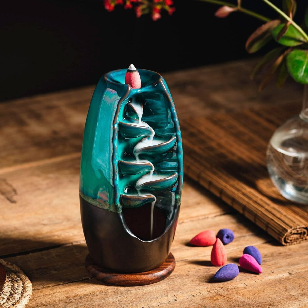 INONE Ceramic Incense Burner with 100 Upgraded Cones, Waterfall Backflow Incense Holder, Aromatherapy Ornament, Zen Decor, Home Decor, Room Decor (Cyan) - Image 7