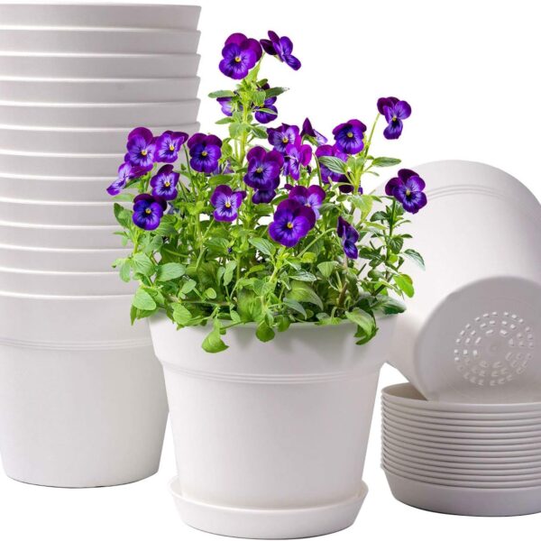 Homenote Pots for Plants, 15 Pack 6 Inch Plastic Planters with Multiple Drainage Holes and Trays,Plant Pots for All Home Garden Flowers Succulents (White)