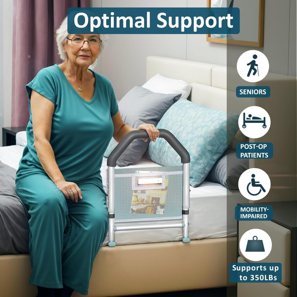 Bed Rails for Elderly Adults Safety - with Motion Light & Storage Pocket - Adjustable Bed Assist Rails for Seniors & Patients - Fits All Beds, Tool-Free Assembly - Image 2