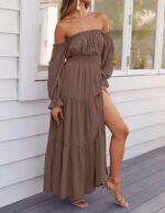 ZESICA Women's 2025 Boho Sexy Off Shoulder Long Sleeve Smocked High Waist Side Split Flowy A Line Tiered Long Maxi Dress - Image 8