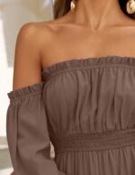 ZESICA Women's 2025 Boho Sexy Off Shoulder Long Sleeve Smocked High Waist Side Split Flowy A Line Tiered Long Maxi Dress - Image 5