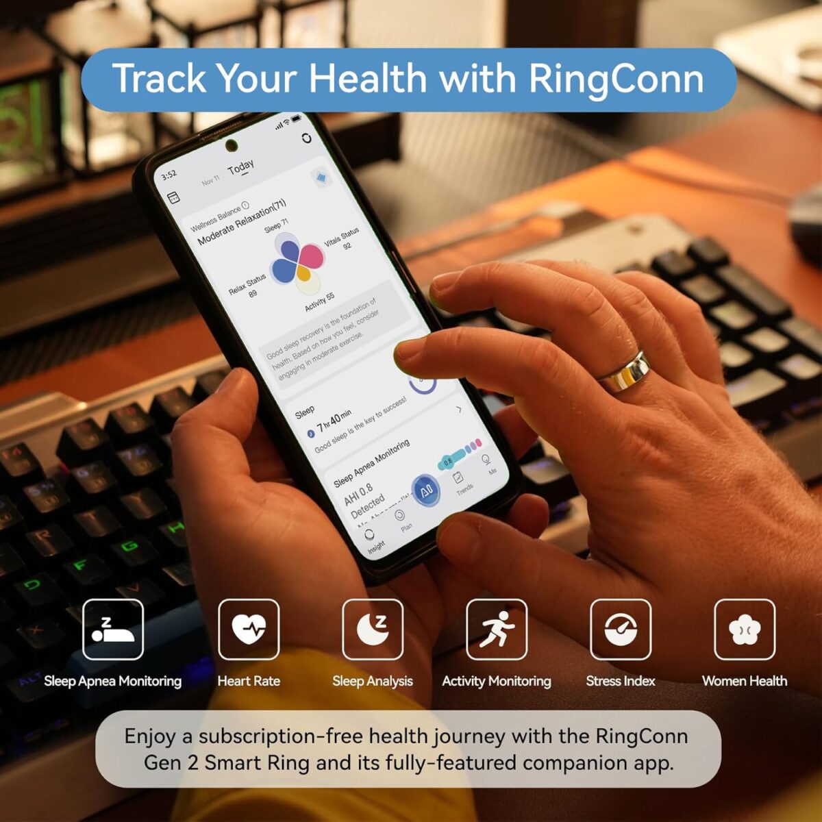 RingConn Gen 2, World’s First Smart Ring with Sleep Apnea Monitoring, No APP Subscription, 12-Day Battery Life, Stress/Heart Rate/Women's Health Tracker, Android & iOS Compatible (Silver, Size 10) - Image 4