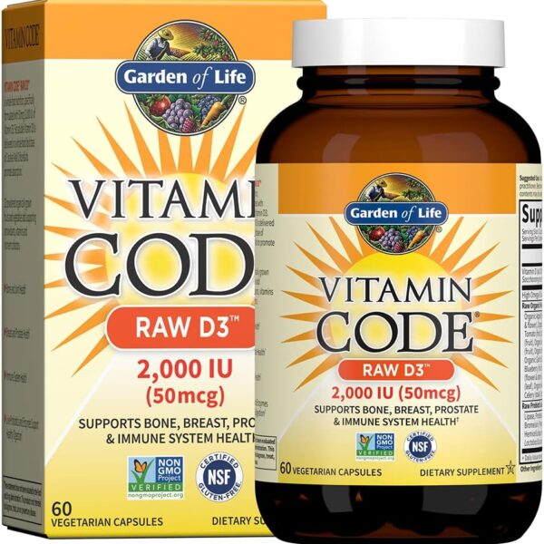 Garden of Life Vitamin D, Vitamin Code Raw D3, Vitamin D 2,000 IU, Raw Whole Food Vitamin D Supplements with Chlorella, Fruit, Veggies & Probiotics for Bone & Immune Health, 60 Vegetarian Capsules