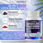 Resveratrol NAD+ Berberine Hyaluronic Acid - Biotin Grape & Blueberry + NAC - Collagen Peptides - Hair, Nail, Skin & Joint Supplement - 21-in-1 Women and Men - Made in USA (60 Count (Pack of 1) - Image 5