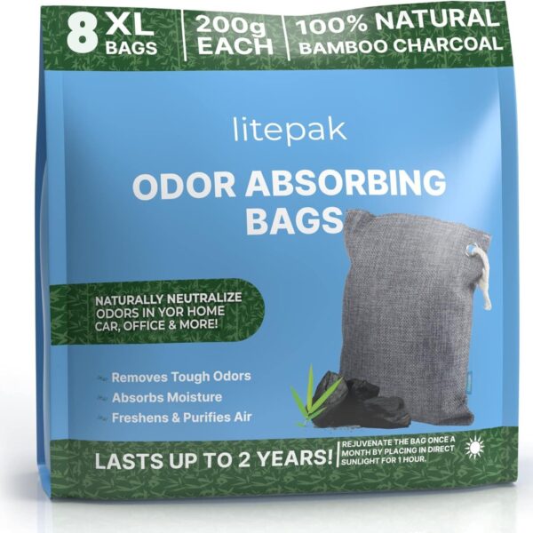 Litepak Activated Charcoal Bags Odor Absorber, (8 Pack, Large), Bamboo Charcoal, Natural Car Air Purifier, Closet Deodorizer, and Odor Eliminator For Home (8x200g)