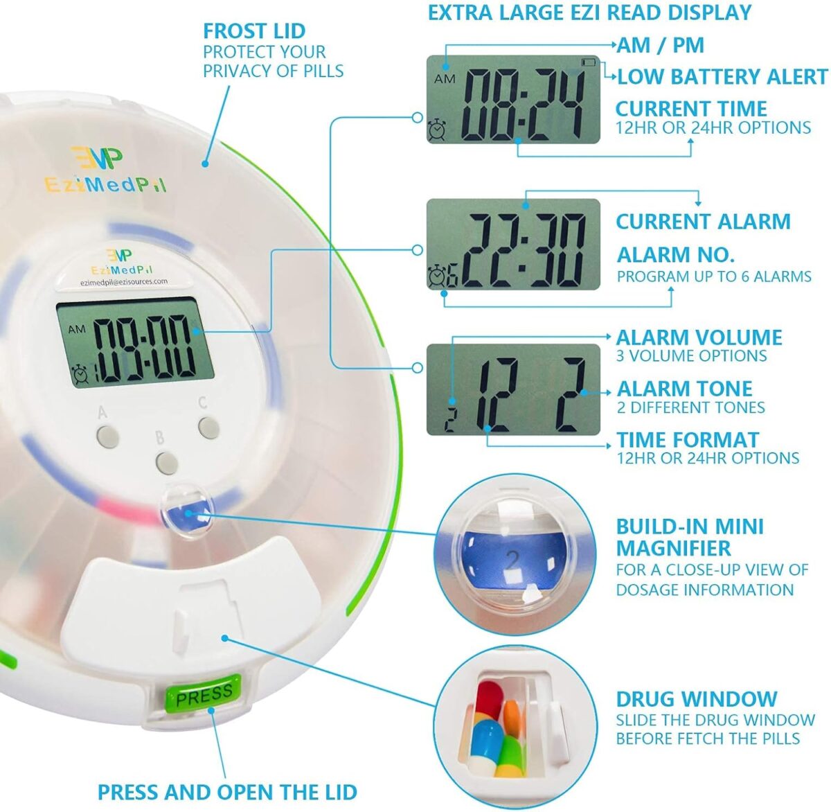 EziMedPil Automatic Pill Dispenser with Alarm, Sound & Light, up to 6 Alarms/Day, 6 Dosage Templates, Easy-Read Display, Frosted Lid & Locked 28-Day Medication Dispenser for Protecting Pills Privacy - Image 4